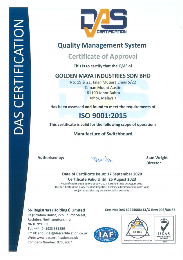 ISO 9001:2015 (2020-2023) | Switchboard Manufacturer Johor Bahru (JB) | Outdoor Feeder Pillar Supply Johor Bahru (JB) | LV Switchboard Manufacturing Johor Bahru (JB)